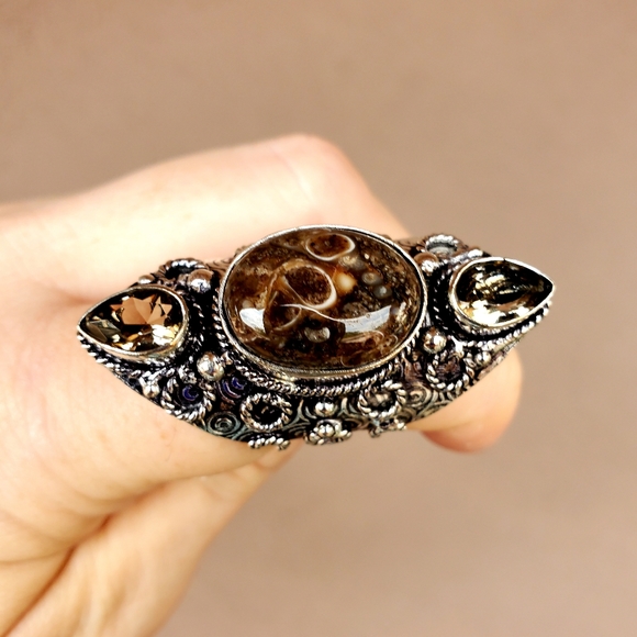 New Turtella Agate Fossil and Smoky Quartz 925 Silver Statement Ring. - Picture 3 of 16